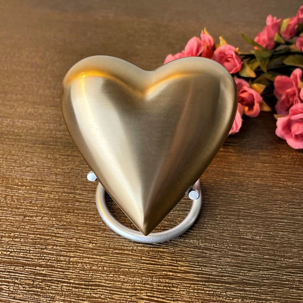 Golden Brass Heart : Cremation Urn for human ashes | Handcrafted Keepsake Cremation Urn | Miniature Cremation Urn 3" | With Stand