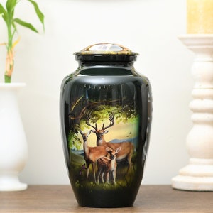 Deer Family Urn : Cremation Urn for Human Ashes | Memorial Buck, Doe, Fawn Picture Urn | Companion Green Handcrafted Adult Urn | Large 10.5"