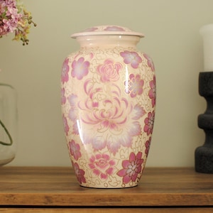 Lilac Cremation Urn for Human Ashes | Hand Painted Memorial Cremation Urn | White Floral Handcrafted Adult Urn | Large 10.5"