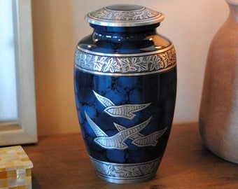 Silver Doves : Cremation Urn for Human Ashes | Sapphire Blue Handcrafted Cremation Urn | Memorial Adult Urn | Large 11&quot; | with Velvet Bag