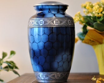 Handcrafted Blue Cremation Urn: Floral Engraved Aluminum Memorial Urn