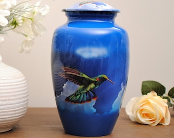 Hummingbird In the Clouds : Cremation Urn for Human Ashes | Vibrant Colors Adult Handcrafted Urn | Large Sky Blue Urn 10.5"