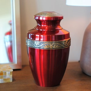 Gold on Crimson : Cremation Urn for Human Ashes | Golden Engraved on Crimson Urn | Handcrafted Adult Brass Urn | Large 11" | with Velvet Bag