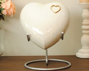 Heart of Hearts : Cremation Urn for Human Ashes | Memorial Heart Urn | Pearl White Handcrafted Urn | Adult 10"X10"X5" | with Steel Stand