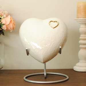 Heart of Hearts : Cremation Urn for Human Ashes | Memorial Heart Urn | Pearl White Handcrafted Urn | Adult 10"X10"X5" | with Steel Stand