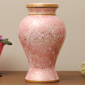 Cloisonné Cremation Urn for Human Ashes | Hand Painted Classical Pink Urn | Floral Pattern Handcrafted Urn | Adult 11&quot;X7&quot; | with Velvet Bag