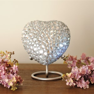 Diamond Sprinkled : Heart Cremation Urn for Human Ashes | Handcrafted Crystal Studded Heart Keepsake Urn | Medium 5"X5" | with Steel Stand