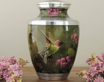 Anna's Hummingbird : Cremation Urn for Human Ashes | Handcrafted Green Hummingbird Urn | Adult Memorial Urn | Large 10.5"