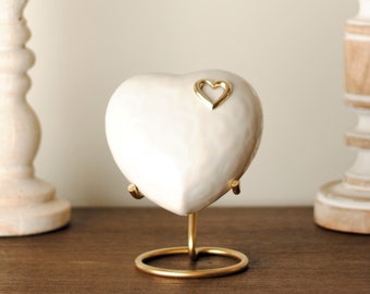 Heartfelt : Heart Cremation Urn for Human Ashes | Memorial Urn | Pearl White Handcrafted Heart Urn | Medium Size 5"X5" | with Steel Stand