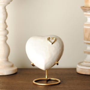 Heartfelt : Heart Cremation Urn for Human Ashes | Memorial Urn | Pearl White Handcrafted Heart Urn | Medium Size 5"X5" | with Steel Stand