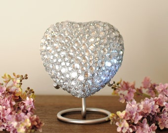 Diamond Sprinkled : Heart Cremation Urn for Human Ashes | Handcrafted Crystal Studded Heart Keepsake Urn | Medium 5"X5" | with Steel Stand