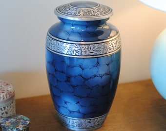 Cloudy Blue Sapphire: Cremation Urn for human ashes | Handcrafted Adult Cremation Urn | Large Memorial Urn | 10.5" X 6" | with Velvet Bag