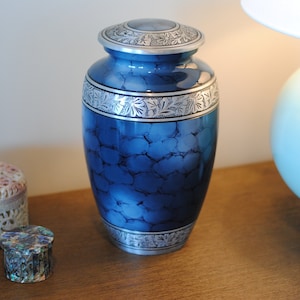 Cloudy Blue Sapphire: Cremation Urn for human ashes | Handcrafted Adult Cremation Urn | Large Memorial Urn | 10.5&quot; X 6&quot;