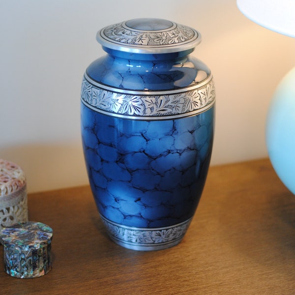 Cloudy Blue Sapphire: Cremation Urn for human ashes | Handcrafted Adult Cremation Urn | Large Memorial Urn | 10.5" X 6" | with Velvet Bag