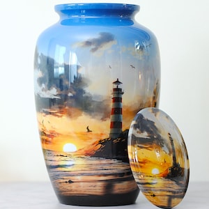 Twilight Beacons : Cremation Urn for Human Ashes | Memorial Lighthouse Sunset Urn | Watchtower Handcrafted Adult Urn | Large 10.5&quot;