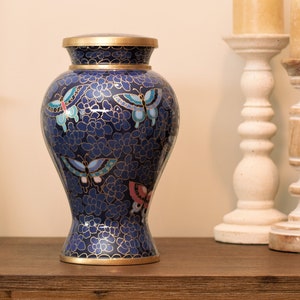 Cloisonné Cremation Urn for Human Ashes | Hand Painted Classical Butterflies Urn | Floral Royal Blue Urn | Adult 11"X7" | with Velvet Bag