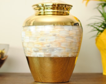 Mother of Pearl Cremation Urn: Handcrafted Golden Brass | Adult 9"X7" | With Velvet Bag