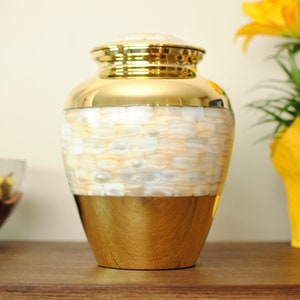 Mother of Pearl Cremation Urn | Golden Brass Human Ashes Cremation Urn | Adult Handcrafted Urn | Large 9" X 7" | with Velvet Bag