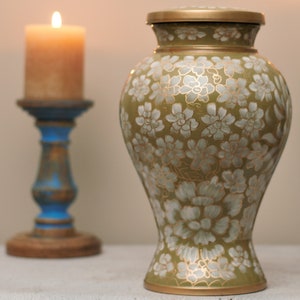 Cloisonné Style Cremation Urn for Human Ashes | Handcrafted Yellowish Green Urn | Periwinkle Flowers Green Urn | Adult 11&quot; | with Velvet Bag