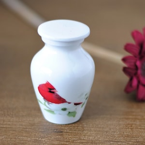 Solitary Soul : Cremation Urn for Human Ashes | Memorial Red Cardinal Keepsake Urn | White Handcrafted Urn 3&quot; | with Velvet Bag & Box