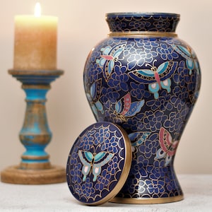 Cloisonné Cremation Urn for Human Ashes | Hand Painted Classical Butterflies Urn | Floral Royal Blue Urn | Adult 11&quot;X7&quot; | with Velvet Bag