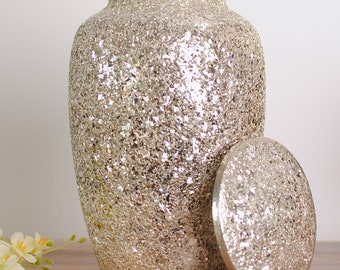 Glasmosaik Urne: Handgefertigtes Funkeln | Leichte Gold Bling Urne | Erwachsene 10,5 "