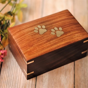 Cute Paws on Wood : Rosewood Pet Cremation Urn | Dog Ashes Cremation Urn | Inlaid Brass Paws | Handcrafted Wooden Pet Urn | 6&quot;X4&quot; and 5&quot;X3&quot;