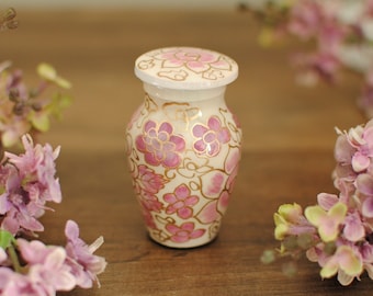 Lilac Cremation Keepsake for Human Ashes | Hand Painted Memorial Keepsake Urn | Pink Floral Design on Pearl White Miniature Urn | 3"