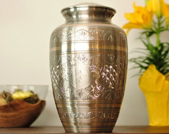 Impressions in Brass : Cremation Urn for Human Ashes | Adult Cremation Urn | Memorial Handcrafted Brass Urn | Large 10"