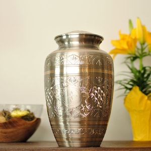 Impressions in Brass : Cremation Urn for Human Ashes | Adult Cremation Urn | Memorial Handcrafted Brass Urn | Large 10"