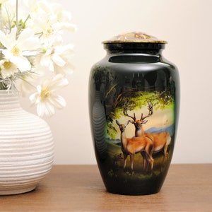 Deer Pair : Cremation Urn for Human Ashes | Green Adult Handcrafted Urn | Memorial Deer Keepsake Urn | Companion Urn | 10.5" & 3"