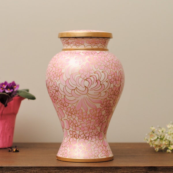 Cloisonné Cremation Urn for Human Ashes | Hand Painted Classical Pink Urn | Floral Pattern Handcrafted Urn | Adult 11"X7" | with Velvet Bag