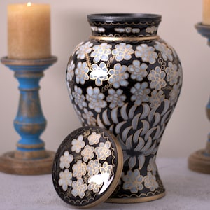 Cloisonné Cremation Urn for Human Ashes | Hand Painted Classical Black Urn | Floral Pattern Handcrafted Urn | Adult 11&quot;X7&quot; | with Velvet Bag
