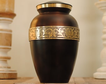 Gold on Brown : Cremation Urn for Human Ashes | Brass Golden Handcrafted Urn | Walnut Brown Engraved Urn | Adult 10.25" | with Velvet Bag