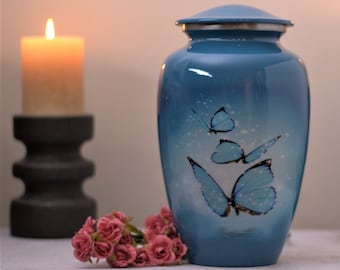 Urna de cremación de mariposa morfo azul: Urna conmemorativa de aluminio artesanal (25 cm)