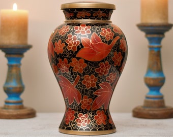 Cloisonné Cremation Urn for Human Ashes | Hand Painted Maple Red Urn | Floral Pattern Handcrafted Urn | Adult 11"X7" | with Velvet Bag