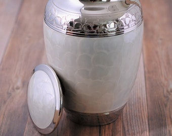 Handcrafted Pearl White Brass Cremation Urn: Adult Memorial Urn (10 inch)