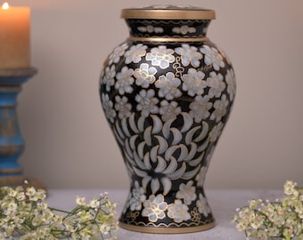 Cloisonné Cremation Urn for Human Ashes | Hand Painted Classical Black Urn | Floral Pattern Handcrafted Urn | Adult 11"X7" | with Velvet Bag