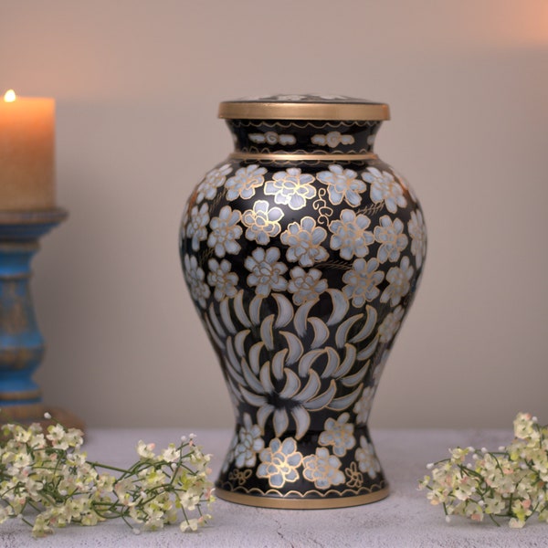 Cloisonné Cremation Urn for Human Ashes | Hand Painted Classical Black Urn | Floral Pattern Handcrafted Urn | Adult 11"X7" | with Velvet Bag