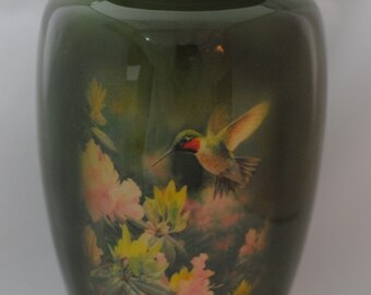 Handcrafted Colourful with Sleek Lacquer Coating Olive Green Hummingbird Cremation Urn Width 6 Height 10.5