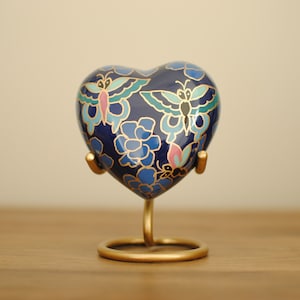 Cloisonné Cremation Heart Urn for Human Ashes | Hand Painted Classical Butterflies Keepsake Urn | Floral Royal Blue Handcrafted Urn | 3"X3