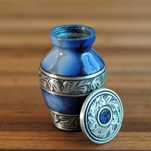 Cloudy Blue Sapphire Cremation Keepsake Urn for human ashes | Miniature Cremation Urn | Handcrafted Memorial Urn 3&quot; | with Velvet Box & Bag