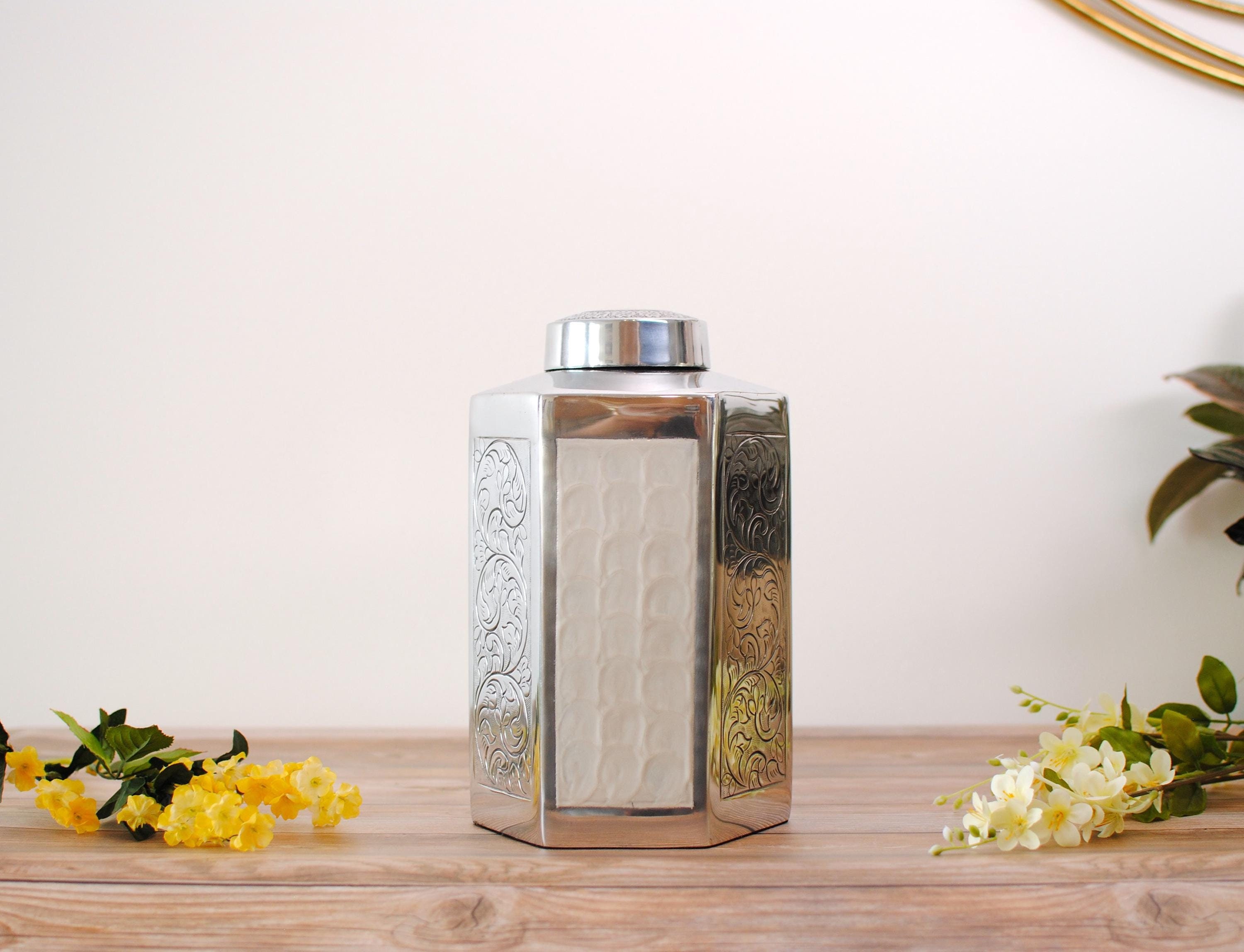 Hexagon Memory Box : Cremation Urn for Human Ashes | Silver Handcrafted Urn | Unique Design Pearl White Box Memorial Urn | Adult 9.5" X 6.5"
