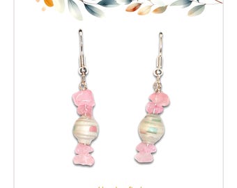 Soft Pink paper bead dangle earrings,  Boho, Handmade, Leann Kucerik Art, Shabby Chic