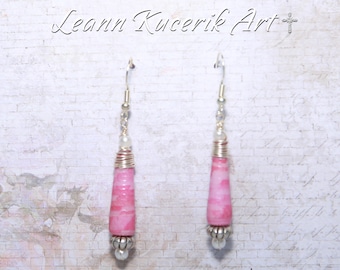 Soft Pink paper bead dangle earrings,  Boho Handmade Beads  Leann Kucerik Art Custom Handmade earrings Paper Beads Paper bead jewelry