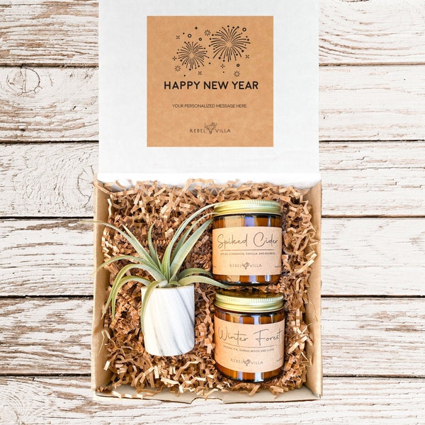 Happy New Year Air Plant + Candle Gift Box | New Years Gift Basket for Client Customer | Personalized Present for Friend + Employee