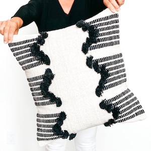 Black and Natural Tan Off White  Fringe Boho Pillow Cover 20&quot; | Handwoven Cushion |Decorative Geo Throw Pillow Cover |Pillow for Living Room