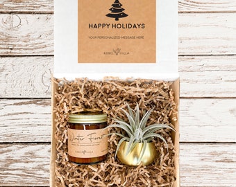 Happy Holidays Gift Box | Soy Candle + Live Air Plant in Gold Pot | Employee Holiday Gift | Co-Worker Christmas | Secret Santa Present