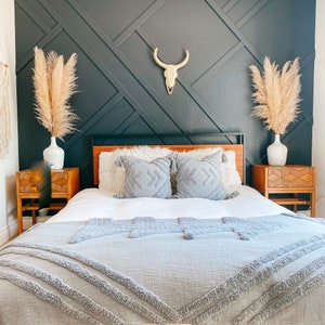 Chloe Light Gray Tufted Throw Blanket | Modern Grey Bohemian Tribal Geo Pattern | Cotton Blanket for Couch Bed Chair | Light Blue Bedspread