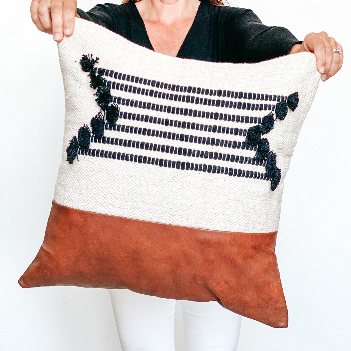 Faux Leather Decorative Pillow Cover 20" | Black and Tan Boho Throw Pillow | Woven Pillow for Couch Living Room | Decorative Bohemian Large - Etsy